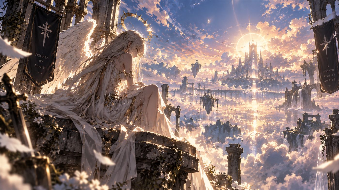 Celestial Angel menu backdrop: an angel seated above a sunlit floating citadel
