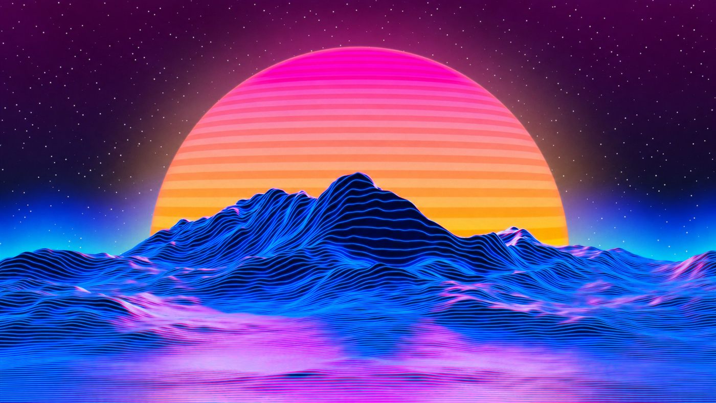 Synthwave menu backdrop: a neon sunset over a wireframe mountain