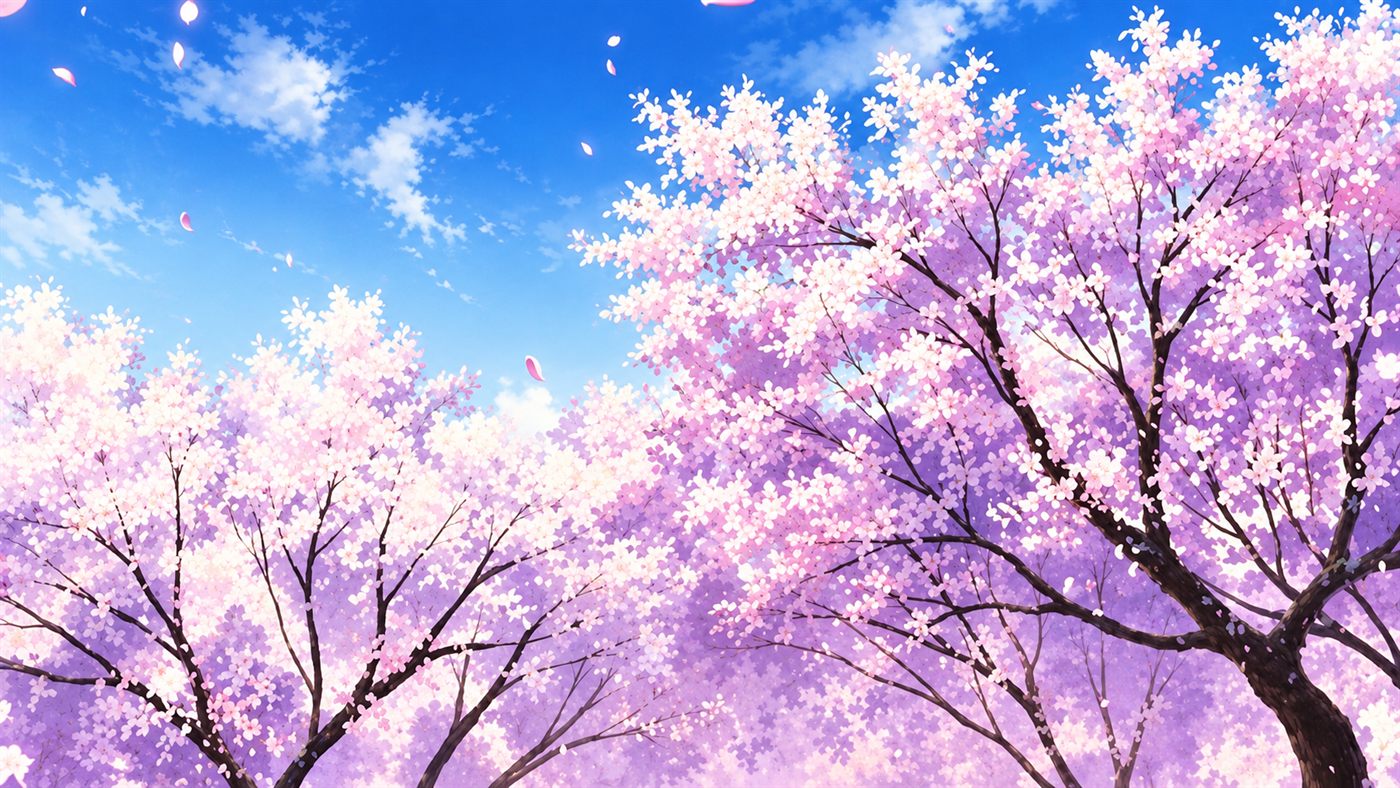 Cherry Blossom menu backdrop with pink trees and soft light